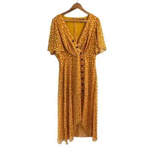 Lulus Women’s XL mustard yellow floral midi flowing dress NWOT boho prairie core